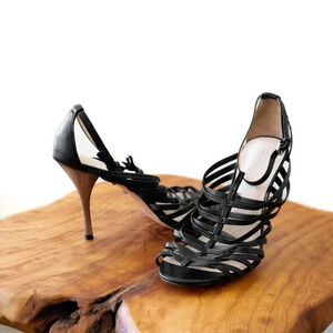 COACH FANTASIA BIRDCAGE STRAPPY BLACK LEATHER HEELS PUMPS SZ 9